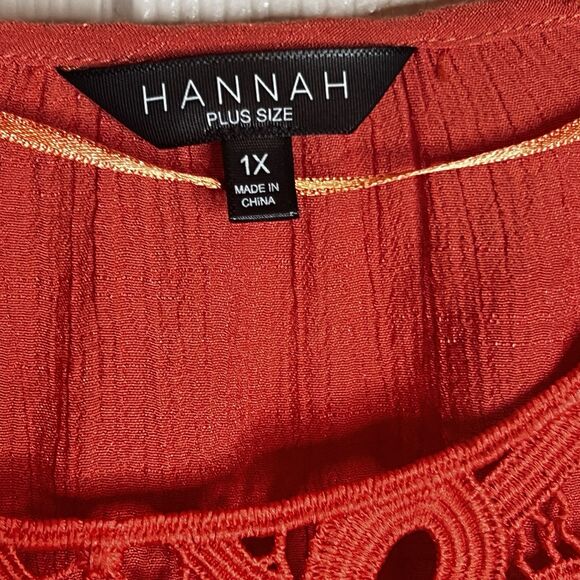 Hannah Plus Size Peasant Top Sz 1X Orange Crochet Neckline 3/4 Sleeve Rayon Poly - Picture 5 of 7